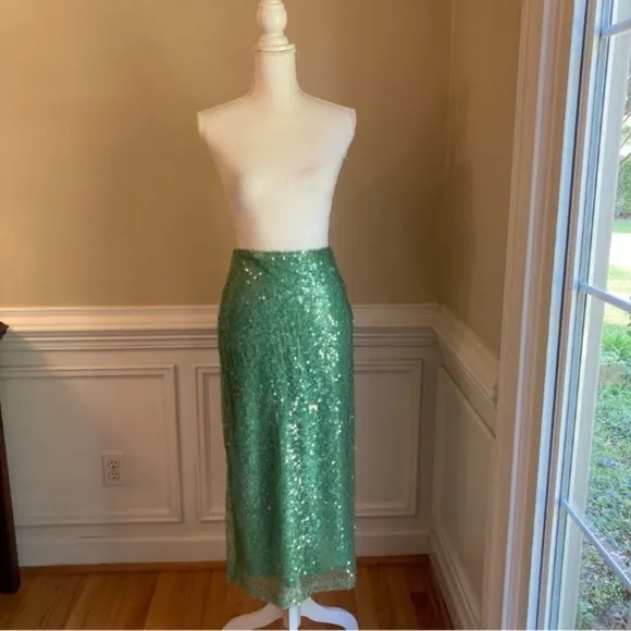 ZARA Sea Green Sequin Lace Pencil Midi Skirt