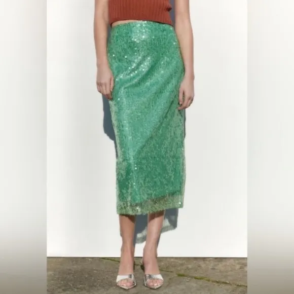 ZARA Sea Green Sequin Lace Pencil Midi Skirt