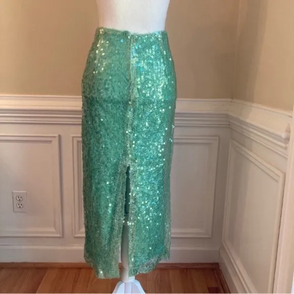 ZARA Sea Green Sequin Lace Pencil Midi Skirt