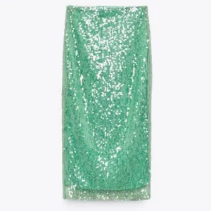 ZARA Sea Green Sequin Lace Pencil Midi Skirt