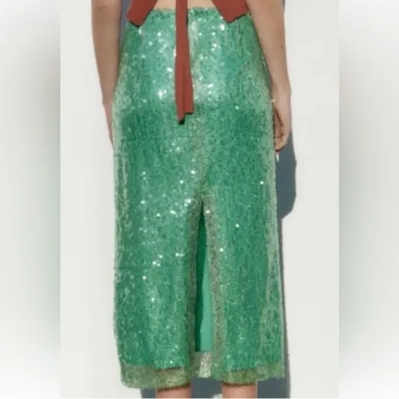 ZARA Sea Green Sequin Lace Pencil Midi Skirt