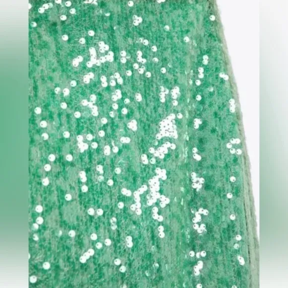 ZARA Sea Green Sequin Lace Pencil Midi Skirt