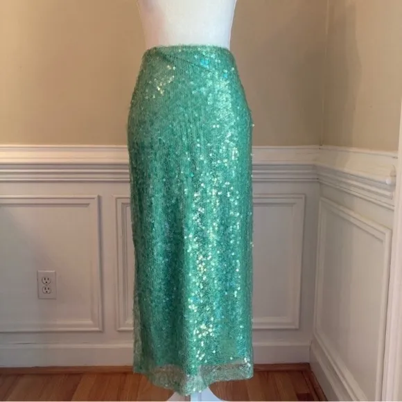 ZARA Sea Green Sequin Lace Pencil Midi Skirt