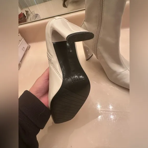 Zara White Square Toe Heel Boots. Size 6.